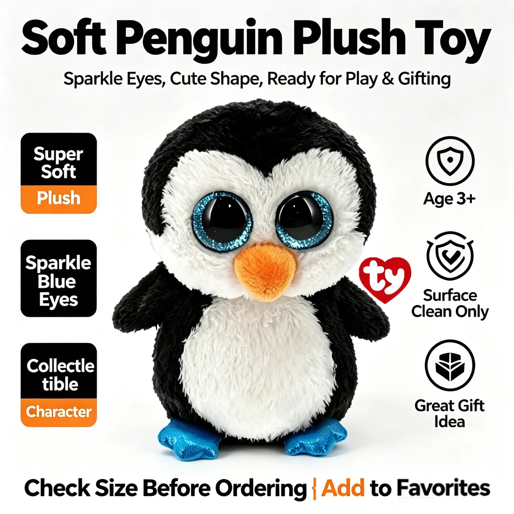 Ty Beanie Boos Waddles The Penguin Stuffed Plush Doll, Big Sparkle Eyes Soft Toy Kids Birthday Christmas Gift