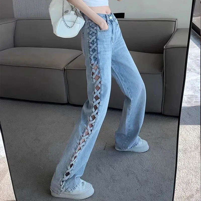 女性ジーンズ中空アウトハイウエストズボンボタンジッパーワイドレッグパンツオフィスレディルース春クラブ Y2k ストリート