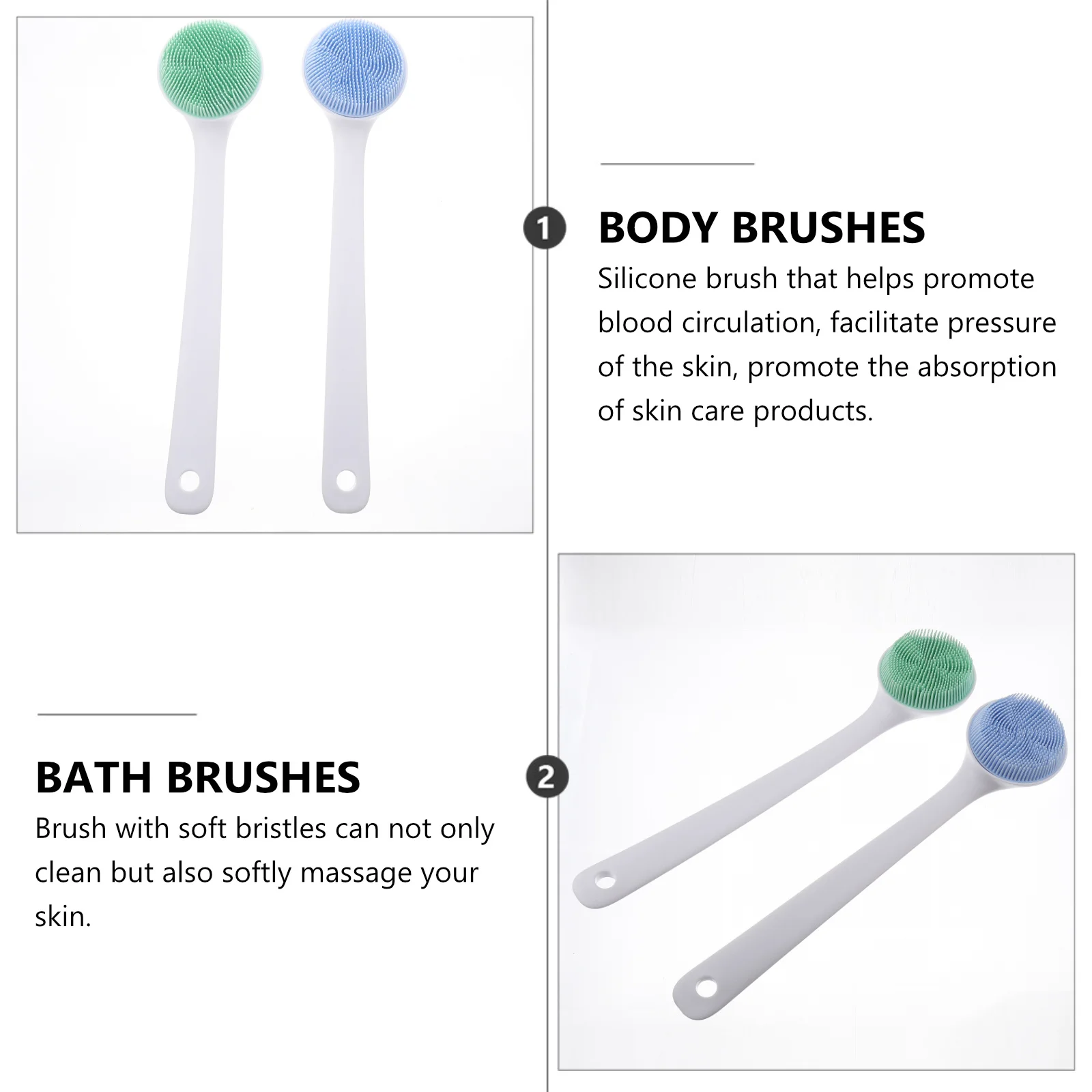 

2Pcs Silicone Body Brushes Long Handle Bath Scrubbers Massage Shower Exfoliation Deep Cleaning Pore Blackhead Removal Brush