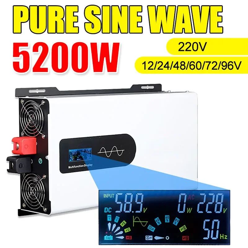 Pure Sine Wave Inverter 5200W 12/24/48/60/72/96V TO 220V Voltage Converter Off-Grid Photovoltaic Solar Inverter Transformer