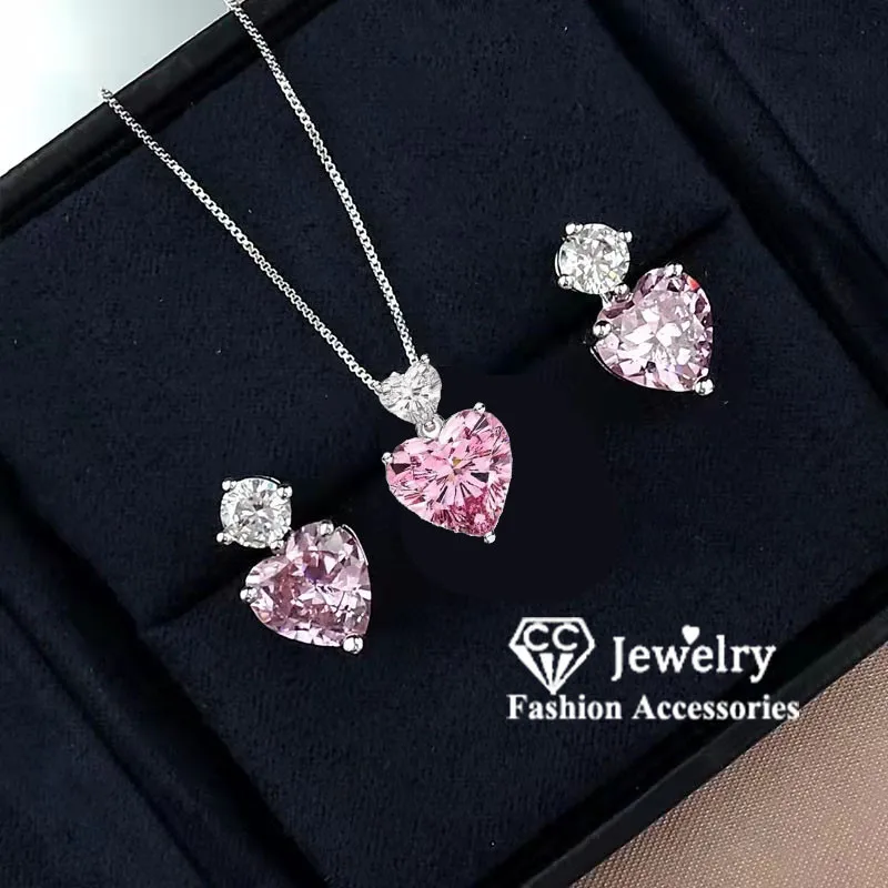 CC Necklace Earring Ring Princess Pink Heart Cubic Zirconia Jewelry Romantic Fashion Accessories Party Bijoux CC917