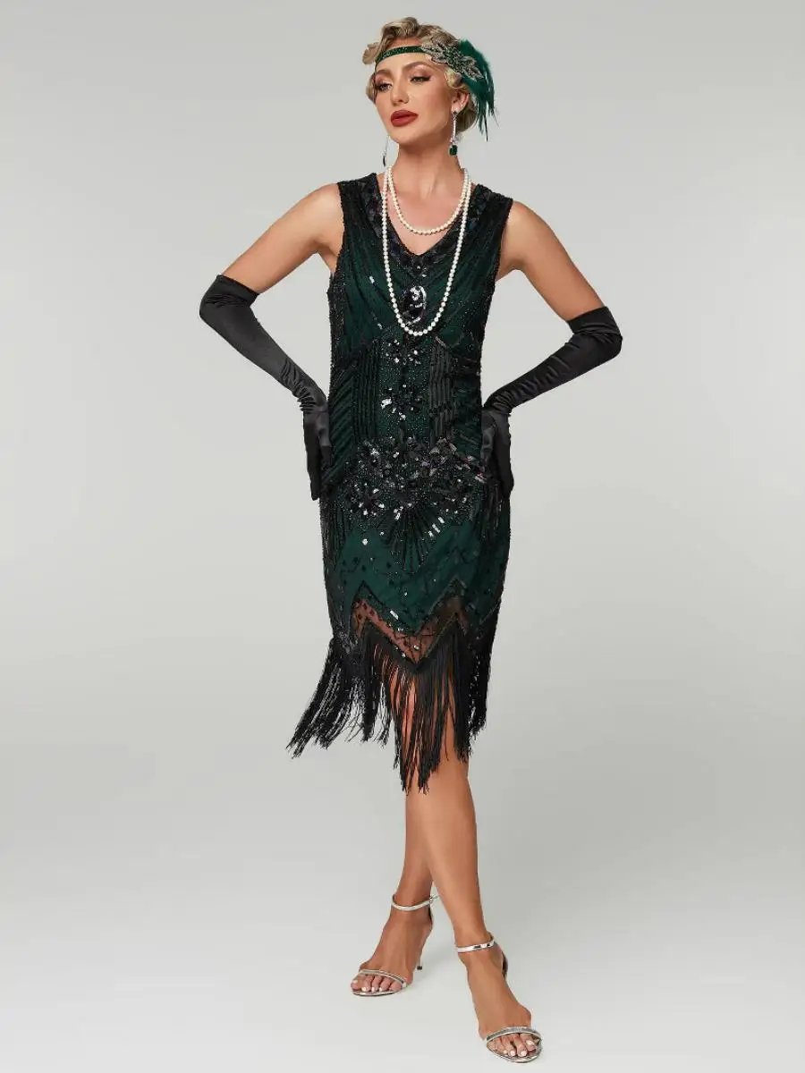 レトロなスパンコールとビーズをあしらった、ファッショナブルなフリンジ付きイブニングガウン、ローウエスト、スカート付き、パフォーマンス用