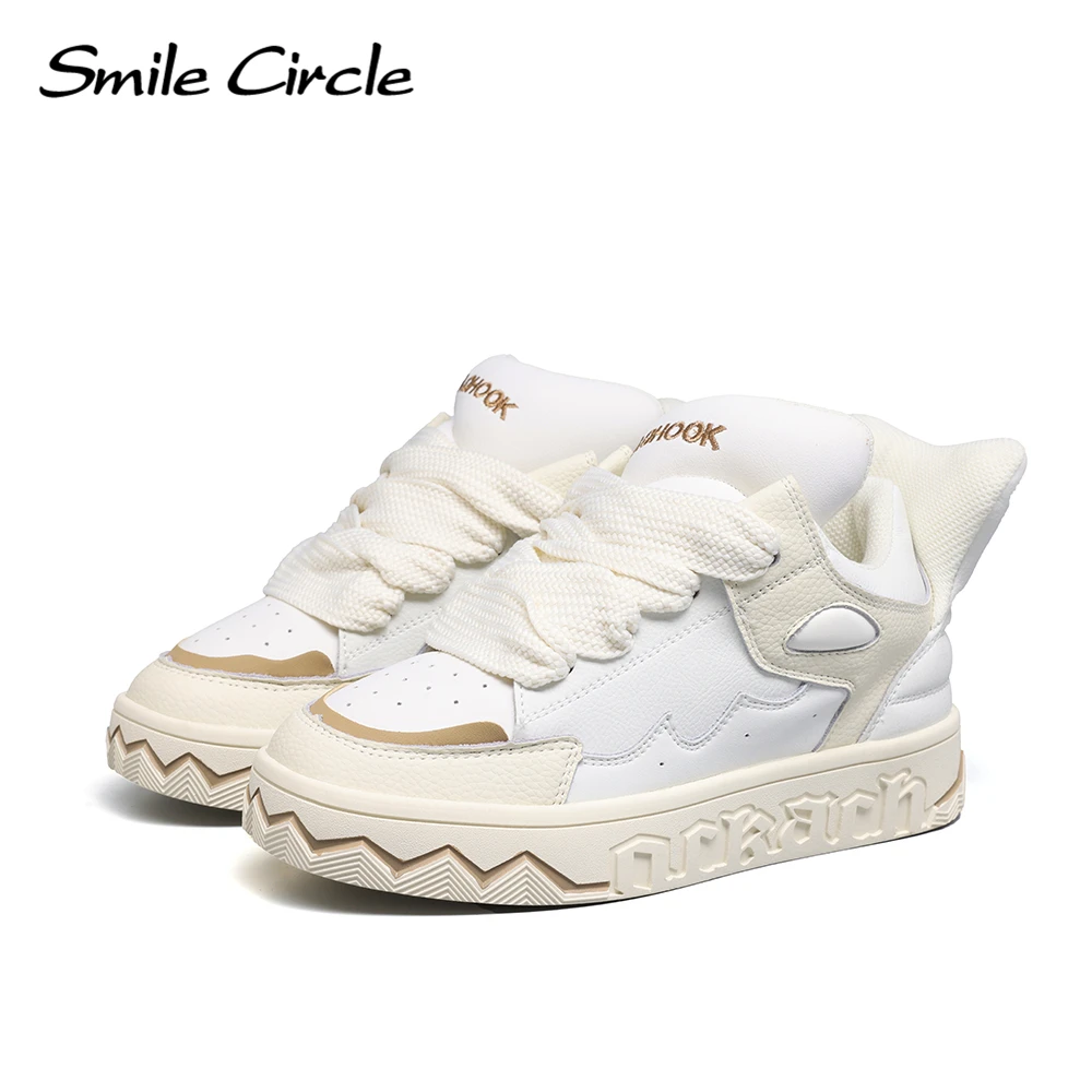 Smile Circle Chunky Sneakers Women\'s Leather Lace-up Fashion Flat Platform Shoes Round Toe Comfortable Casual Sneakers