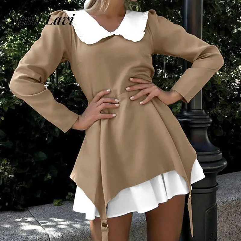 

Elegant V-neck Long Sleeve A-Line Dress Women Fashion Colour Blocking Ruffles Short Dress Casual Hight Waist Draped Mini Dresses