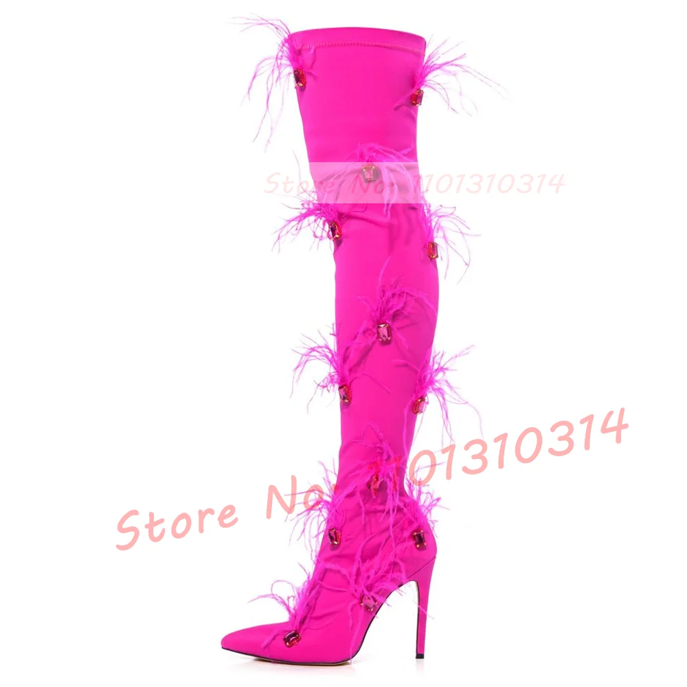 Feather Gems Satin Tigh High Boots Rose Red Women Luxury Streetwear High Heels Shoes 2023 Spring Trend Ladies Party Pretty Boots