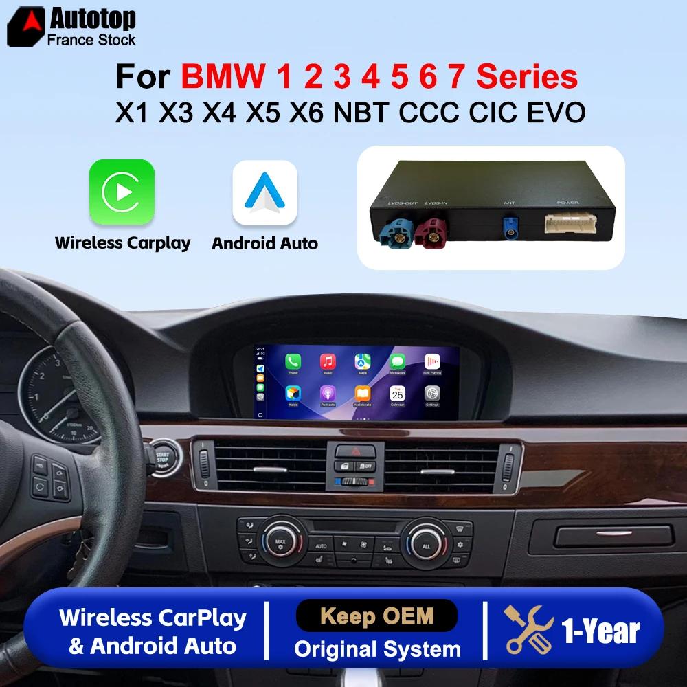 Kit de rétrofit de boîte de décodeur d'amélioration Android Auto et CarPlay sans fil pour BMW Série 1 2 3 4 5 6 7 X1 X3 X4 X5 X6 F20 F22 F30 F31 F33 F48 F10 F25 F60 E90 E84 E87... Système NBT CIC CCC EVO BT Mirror Link Airplay AUX Module de voiture