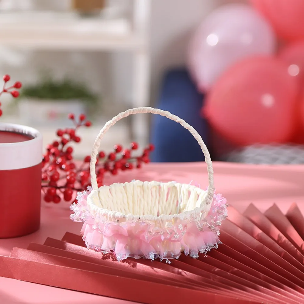 Mini Wedding Handhold Weaving Flower Basket 6Colors with Handles Braid Storage Baskets Imitation Vine PE Lace Hand Basket