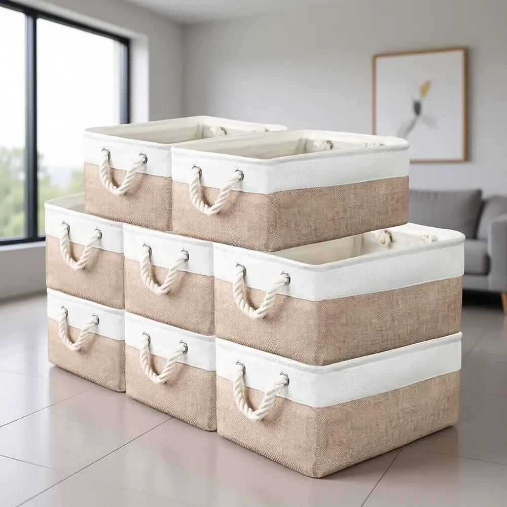 

Набор из 8 корзин для хранения с ручками — белые и бежевые декоративные кубы для дома, офиса, ванной комнаты и гаража