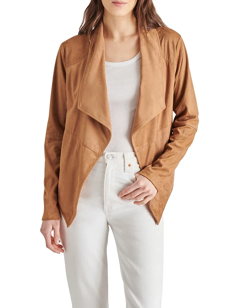 Chaqueta de cuero de gamuza bronceada para mujer, cárdigan elegante de manga larga con solapa, abrigo Vintage suave de gamuza sintética, ropa de discoteca personalizada, nuevo