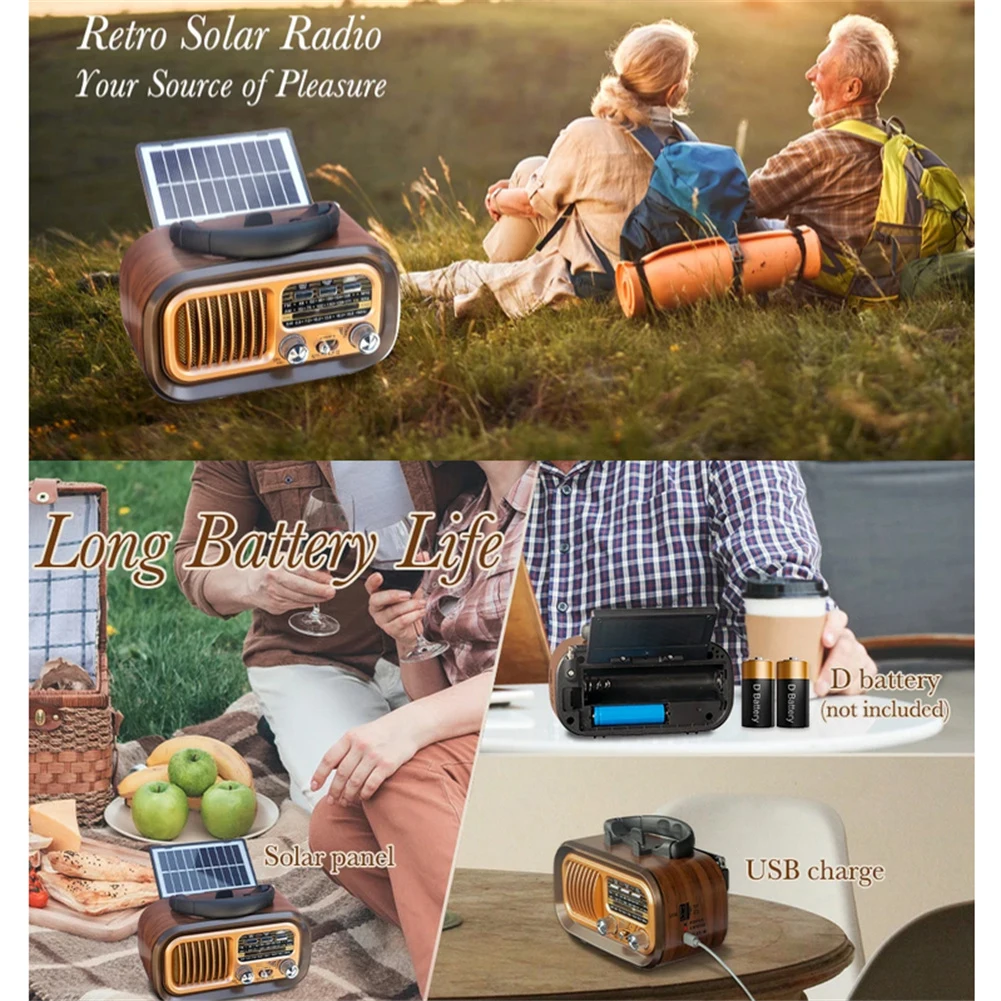 Painéis solares portáteis FM estéreo, rádio de alto-falante compatível com Bluetooth, USB recarregável, vintage 3 banda grande afinação botão rádio