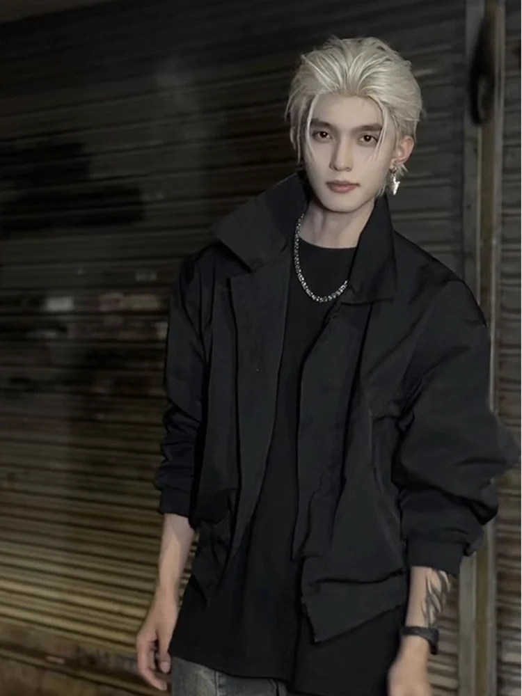 

ort Pilot Jaet Men's Bla oulder Pad American Retro Cleanfit Spring Autumn Faionable Zipper Decorated Stand Fit J...