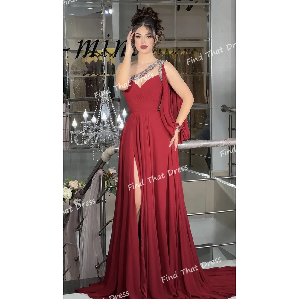 

Custom Made Modest Sweetheart Collar Chiffon Pleated A-line Evening Dress Beading Backless Side Split Prom Dress with Train
