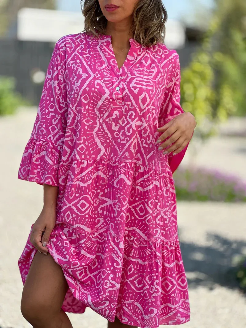 Summer Women's Loose Dress V-neck Button Pullover Flared Sleeve Vacation Fashion Casual Splicing Elegant Beach Midi Skirt