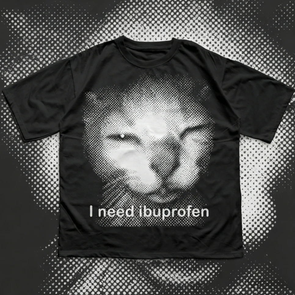 

2025-26 Summer I Need Ibuprofen Funny Vintage Graphic Cat 100% Cotton Printed T-shirt Unisex Men Women Men's Black Crew Neck Y2k