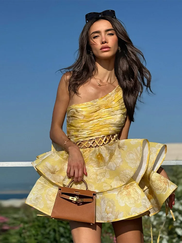 

One Shoulder Floral Puffy Mini Dress Women Summer Off Shoulder Backless Sexy Pleated Short Dresses Lady Elegant Party Dress 2025