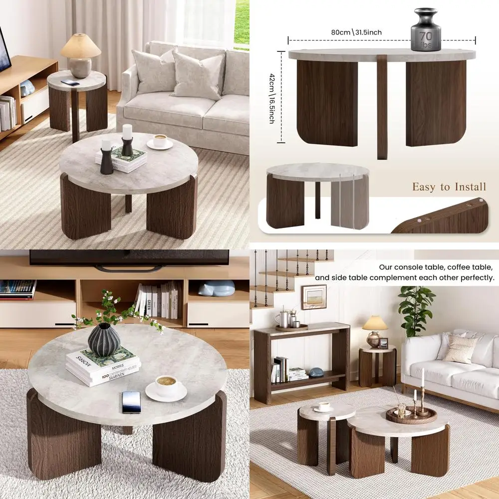 طاولة قهوة مستديرة معاصرة - قاعدة قوية، مركز خشبي، سطح من الرخام الصناعي لغرف المعيشة والاستقبال
