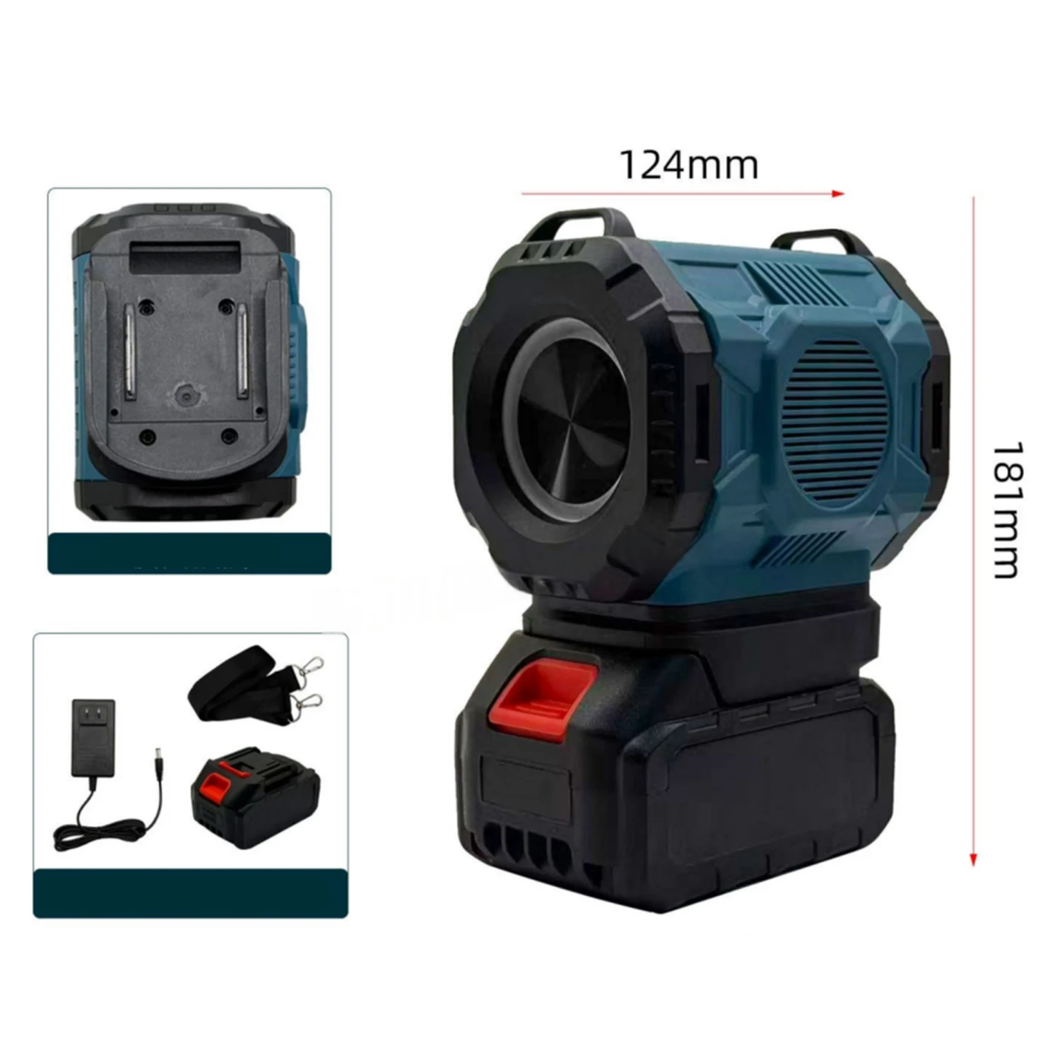 

Акустическая система для мастерских с питанием от 18В аккумулятора, USB-зарядкой, полнодиапазонным магнитным динамиком, корпусом из ABS и металла.