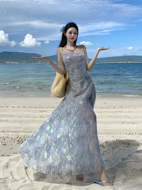 Beachy Island Sle ter Ne Floral Print Maxi Dr Women's Holiday Waist Cinched Gown Summer Soft Fabric A-Line Skirt