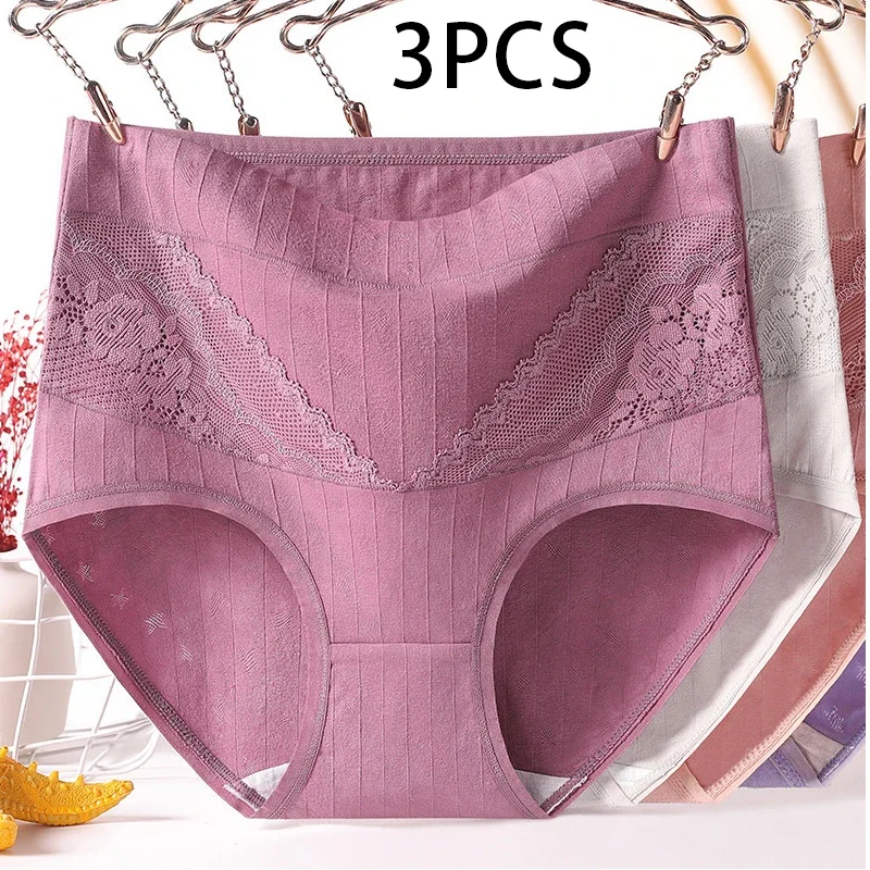 

3pcs Cotton Women Panties Lady Plus Size Underwear Lace High Waist Briefs Breathable Solid Color Female Lingerie