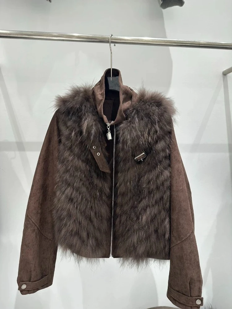 Women Luxury Short Fur Jacket Real Fur Hood Fur Collar Oversized Coat Long Sleeve Windproof Thermal Stylish Street Style Swear