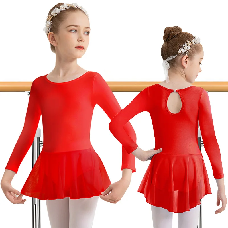 Mädchen Weihnachts-Langarmkleid Ballett-Tanzleotards für Mädchen Gymnastikröcke mit Wassertropfen-Rückenausschnitt und Faltenknopf – Detail 1