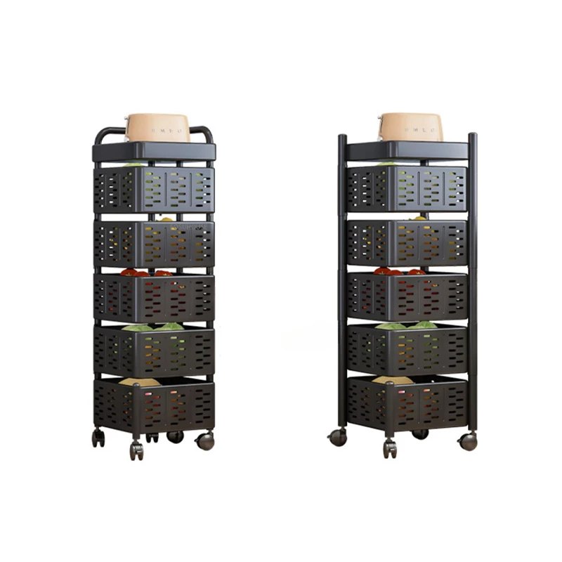 Installation-free Kitchen Cart Multi-layer Vegetable Basket Storage Rack Kitchen Island Trolley Cart 360° Rotating Storage Rack