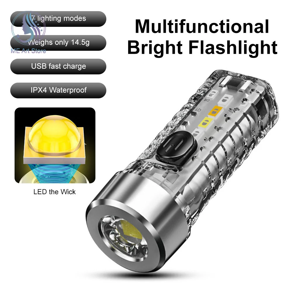 Mini Keychain Flashlight USB Rechargeable Multifunction LED Lamp Waterproof Fluorescent Magnetic Warning Camping Flashlight