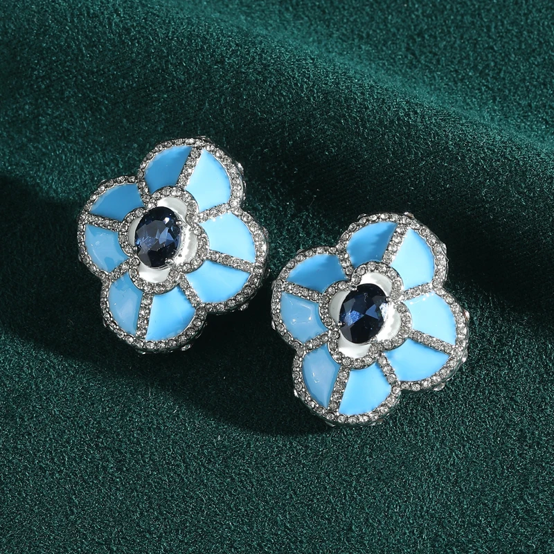 

Vintage Four Leaves Blue Stud Earrings Glaze For Women Elegant Crystal Silver Color Wedding Banquet Jewelry 2026 Trend New Brand