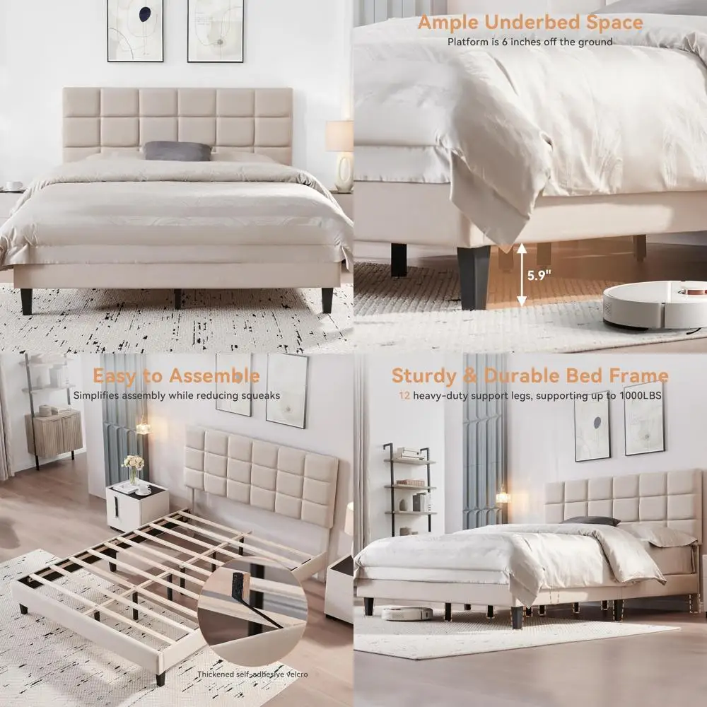 무소음 수면을 위한 패브릭 퀸 침대 프레임 이미지