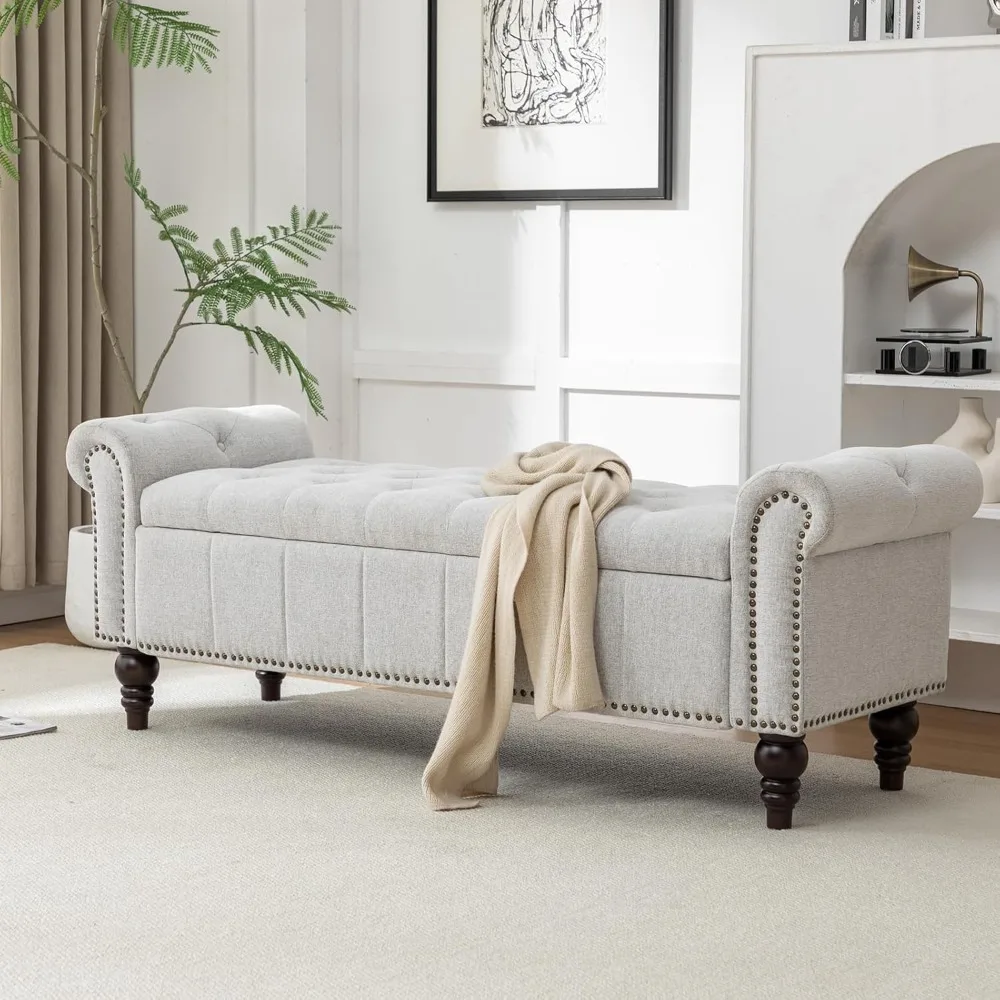 

"58'' Upholstered Storage Bench - Button-Tufted Ottoman with Solid Wood Legs, Queen Size Bed Seat & Entryway Shoe Organizer"