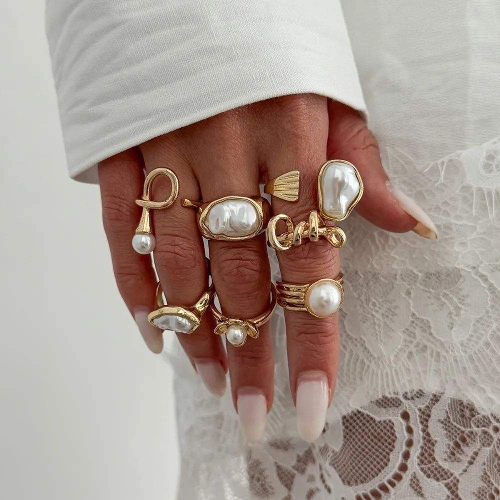 Baroque Imitate Pearl Ring Set Flower Outline Geometric Mold Metal Ornament Multi Stack Layout Ins Sweet Cool Tone