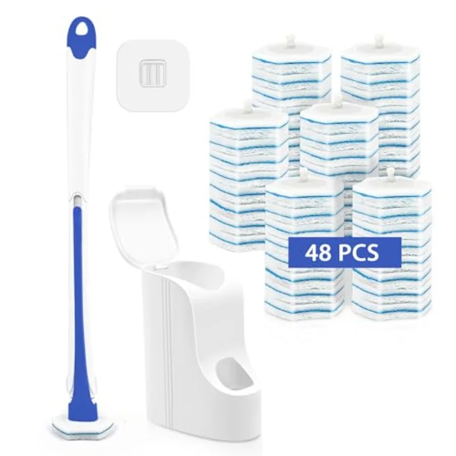 

Disposable Toilet Brush with 48 Wand Cleaner Refills, Wall Mounted Toilet Bowl Brush Holder Set, Bathroom Cleaning System for S