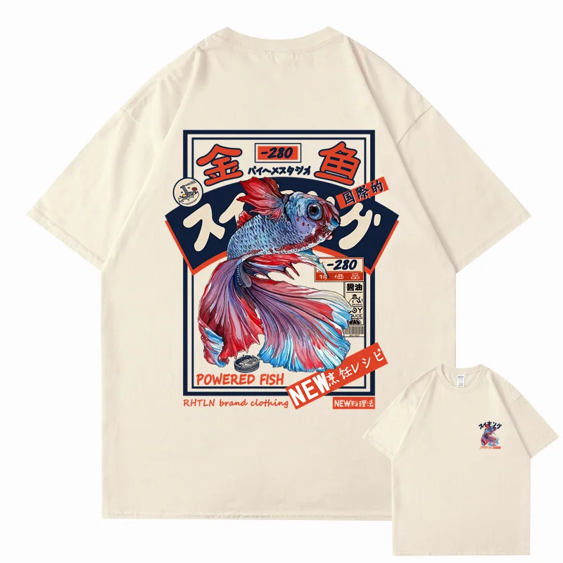 Hip hop streetwear Harajuku 2024 Japanese Hanzi fish print T-shirt for men and women, pure cotton casual Japanese T-shirt