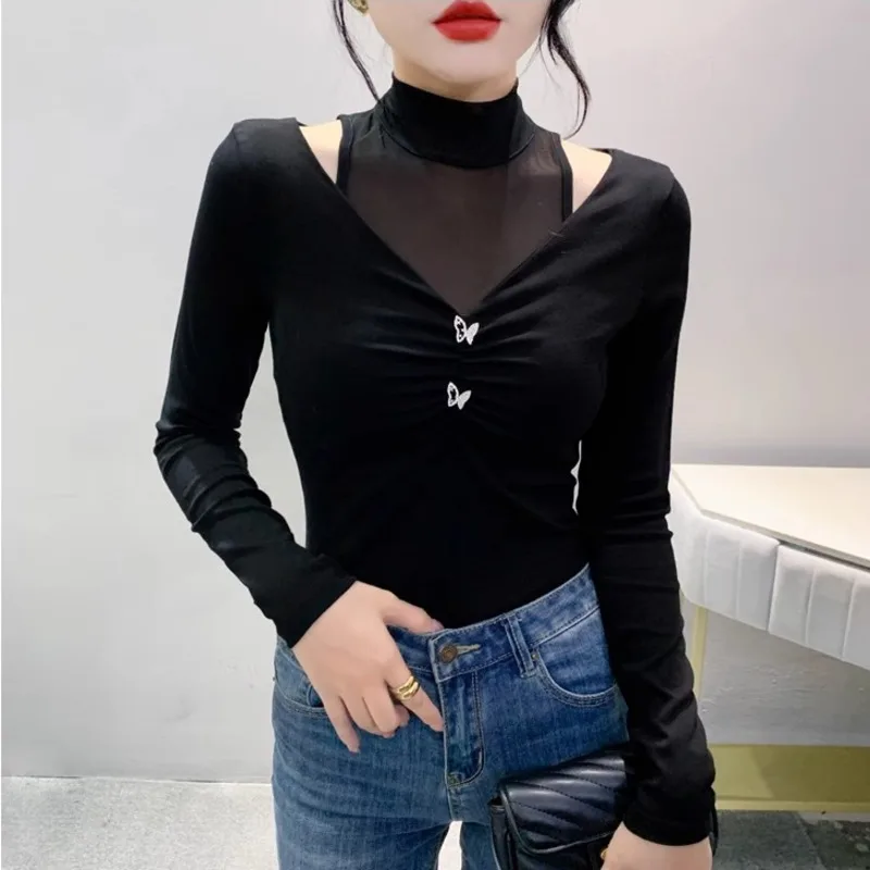 #9083 Black White Off Shouldert T Shirt Women Sexy Skinny Split Joint Turtleneck T Shirt Female Long Sleeve Stretch Streetwear