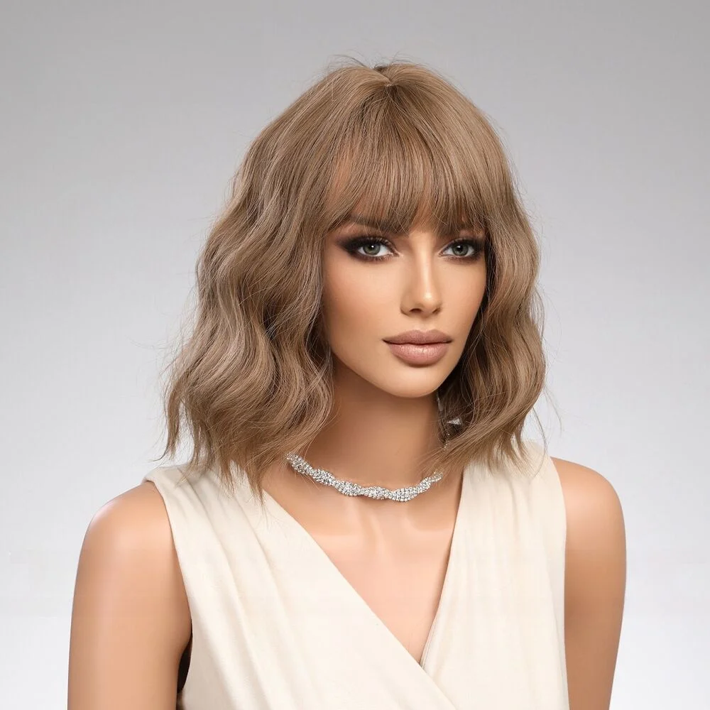 Woman blue brown short hair with bangs bobo synthetic breathable wig Synthetic