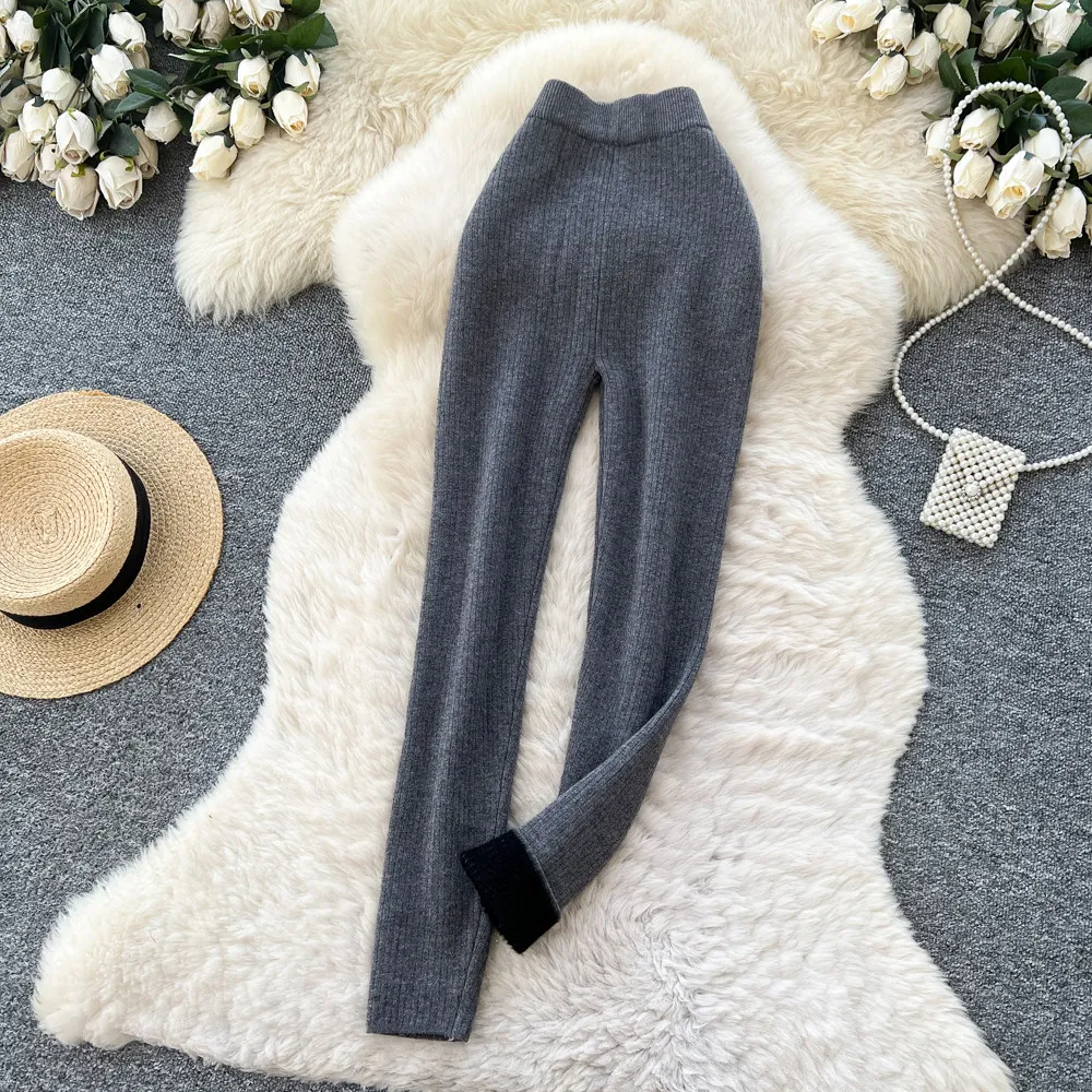 Karofi Thermo-gefütterte Strickleggings für Damen, hohe Taille, warme, mit Fleece gefütterte Stretch-Ripp-Hose, weiche, dünne Winterhose P309 – Detail 8