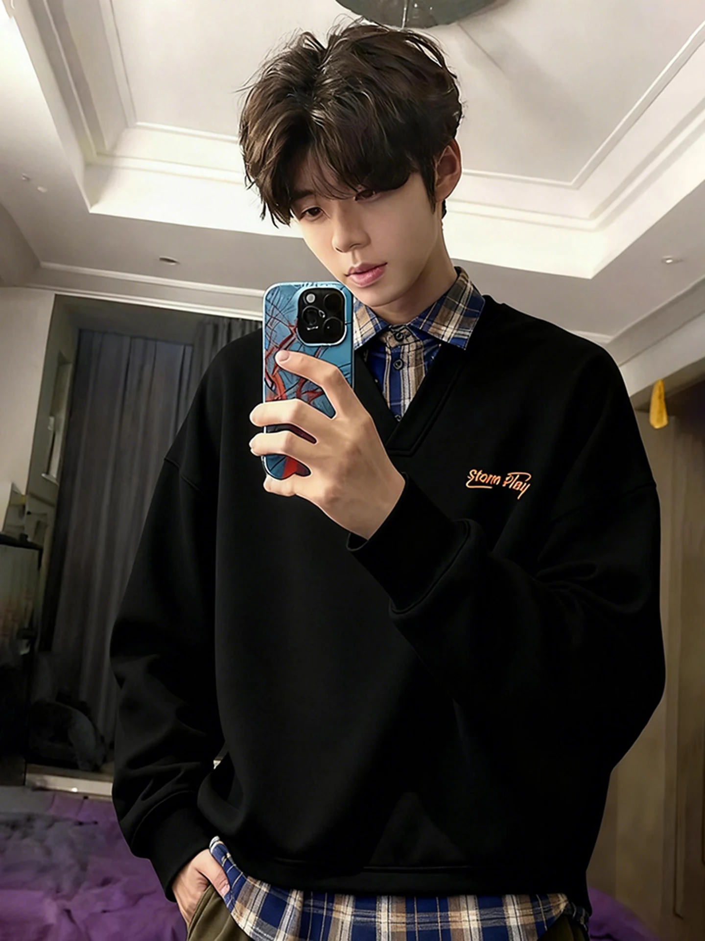 

Men's Long Sve Fce Lined Patchwork Hoodie Inner Wear irt Autumn Winter Warm Casual Faion Youth Sle Cotton Po...