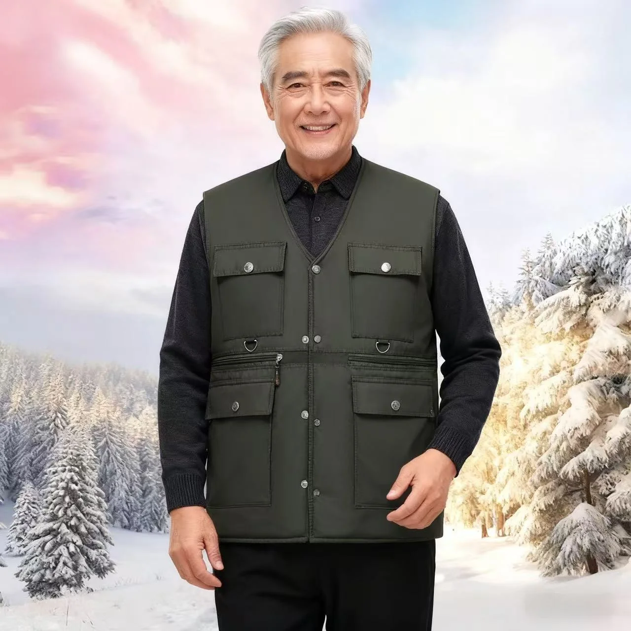 

Thiened Fce Fiing Vest Men's Winter Warm Cotton Jaet with kets Busin Casual Sle V-Ne Regular Length Vest