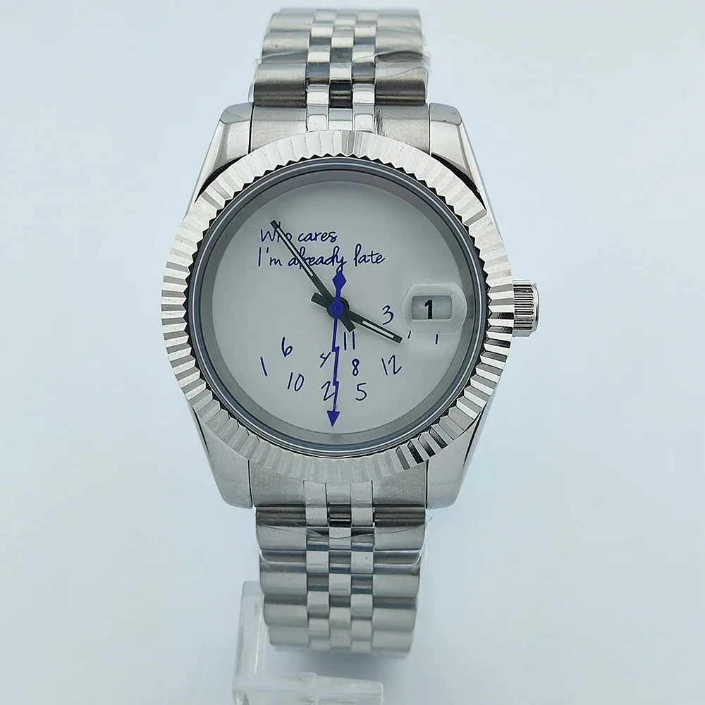 

39mm/36mm NH35 Watch Who cares im already late Watch No Logo Blue Dial Sapphire Crystal Glass NH35 Automatic Movement Assemble