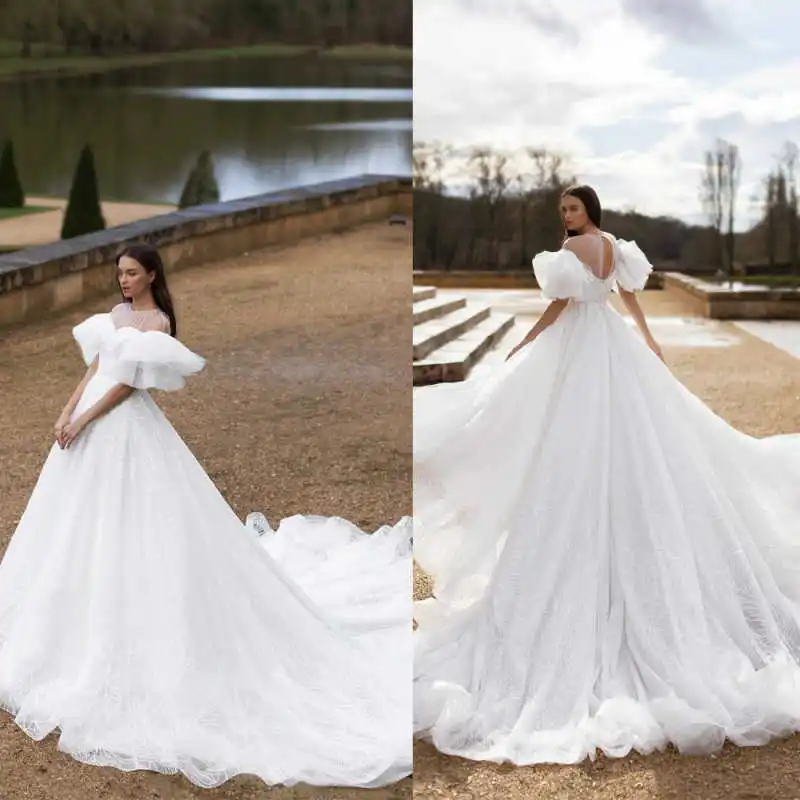 

Charming Sequin Puff Sleeve Wedding Dress Sheer O-Neck Cathedral Train Ballgown Bridal Gown Vestido De Novia Customized