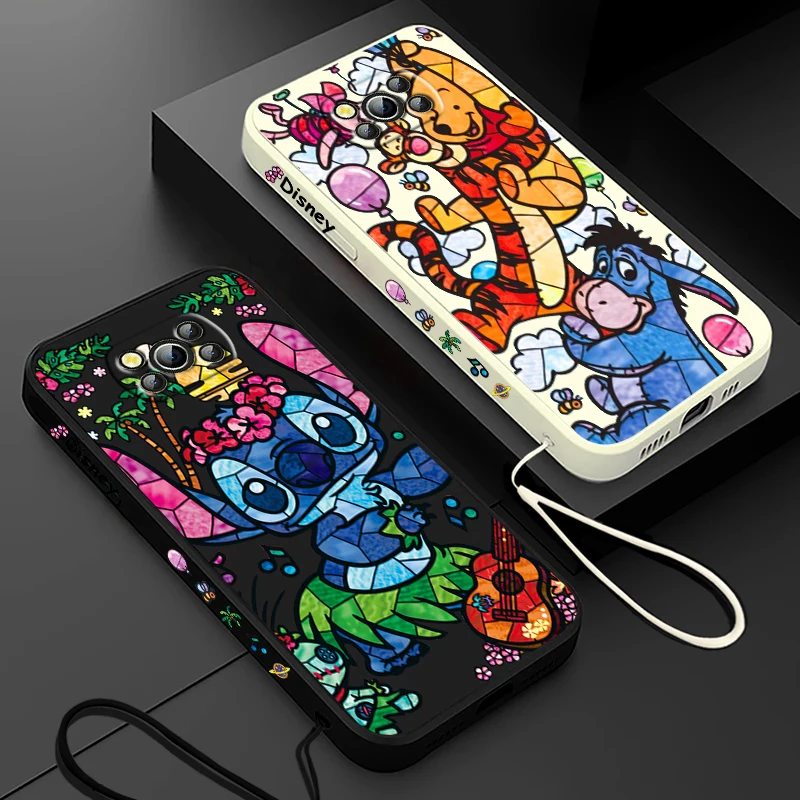 Disney Stitch Alien Winnie For Xiaomi Poco Cover For X4 X3 F4 NFC M6 M5 M4 M3 GT S Pro 4G 5G Liquid Left Rope Phone Case