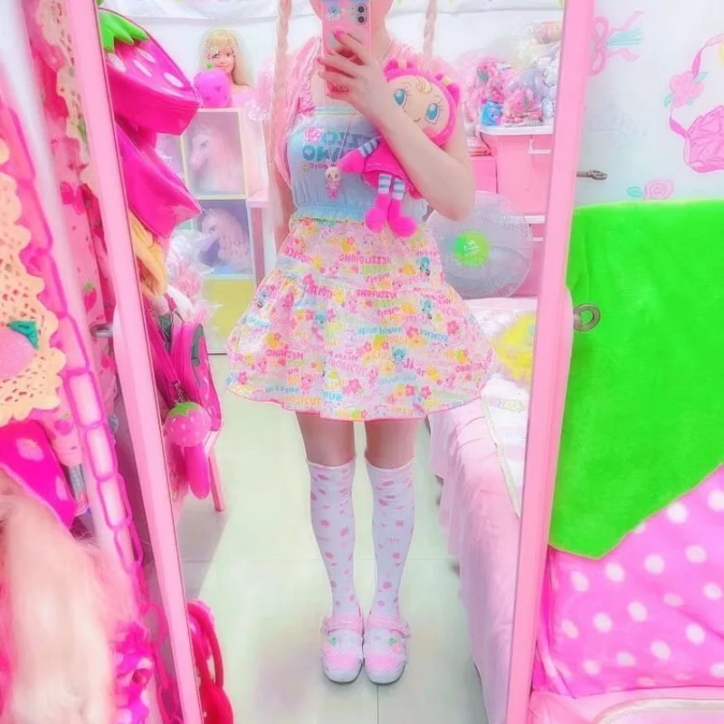 

Japanese sweet girl blue Patchwork Cartoon Print Camisole Y2k Aesthetic Kawaii Dopamine halter vest Women's slim chic tanks tops