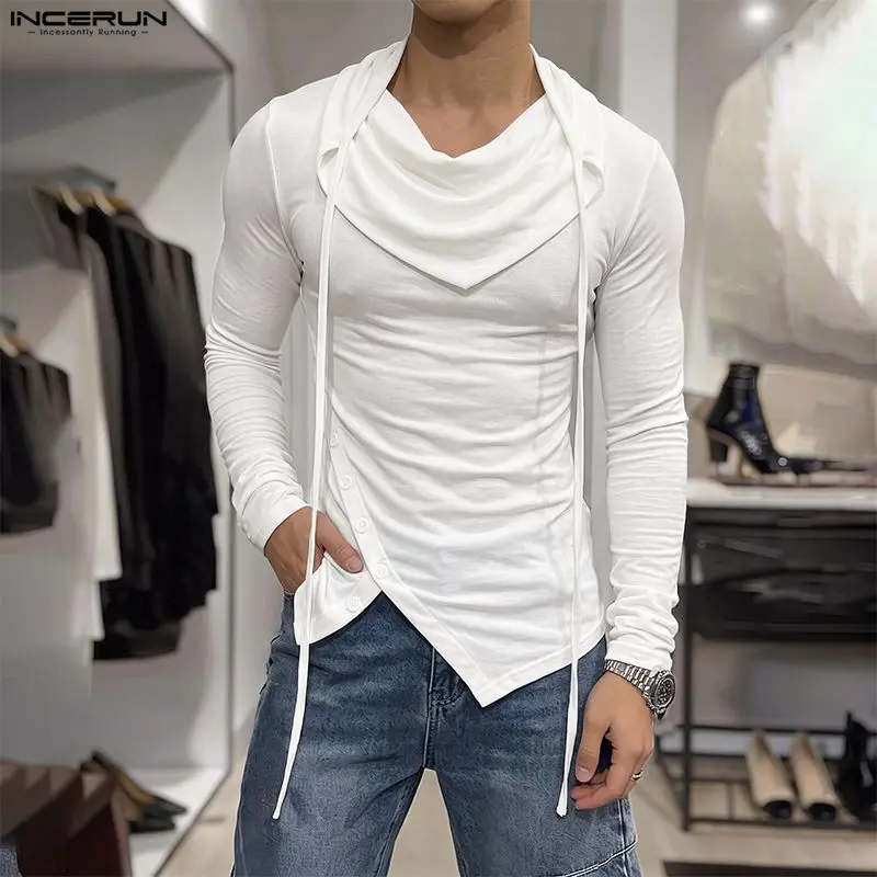 INCERUN Men's Irregular T Shirt Solid Long Sleeve Belt Tee Tops For Man Camisetas Streetwear Fashion Spring Autumn Men Clothes