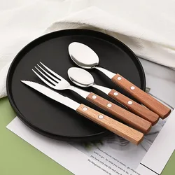 4Pcs Wooden Handle Cutlery Set Mirror 304 Stainless Steel Dinnerware Wood Handle Spoon Knife Fork Dinner Tableware Set Kitchen