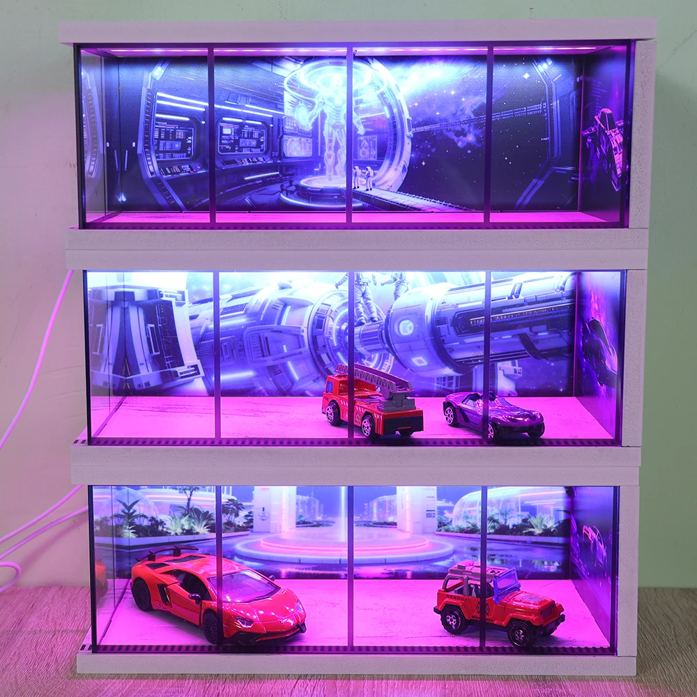1:64 Auto Garage Diorama Modellen Auto Display Box Usb LED Verlichting Gesimuleerde Garage Miniaturen Parkeerplaatsen Scène voor Verzameldoos