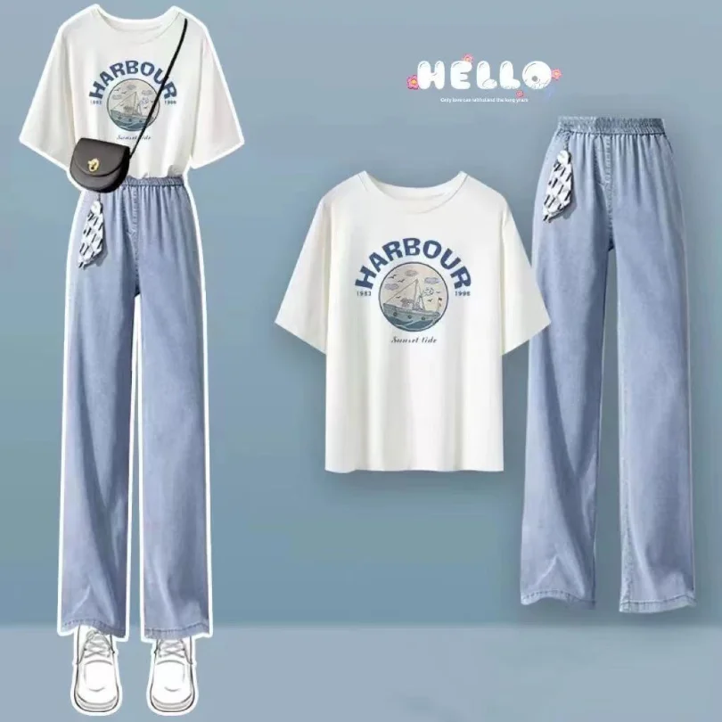 2023 Spring/Summer New Set Women\'s Korean Loose Short Sleeve T-shirt+Wide Leg Jeans Fashion Two Piece Set