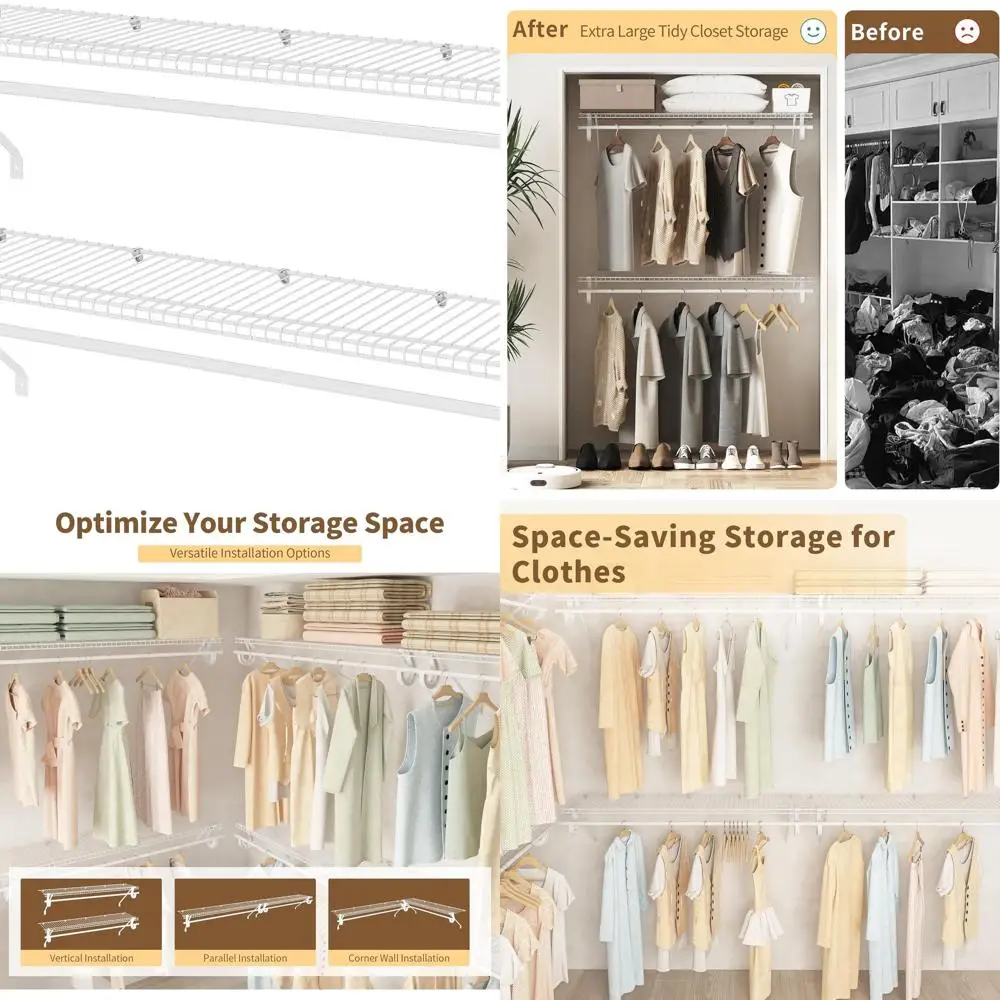 

White 2-Piece Wall-Mounted Closet Shelving with Hanging Bar, 4ft x 12in for Home Storage Solutions