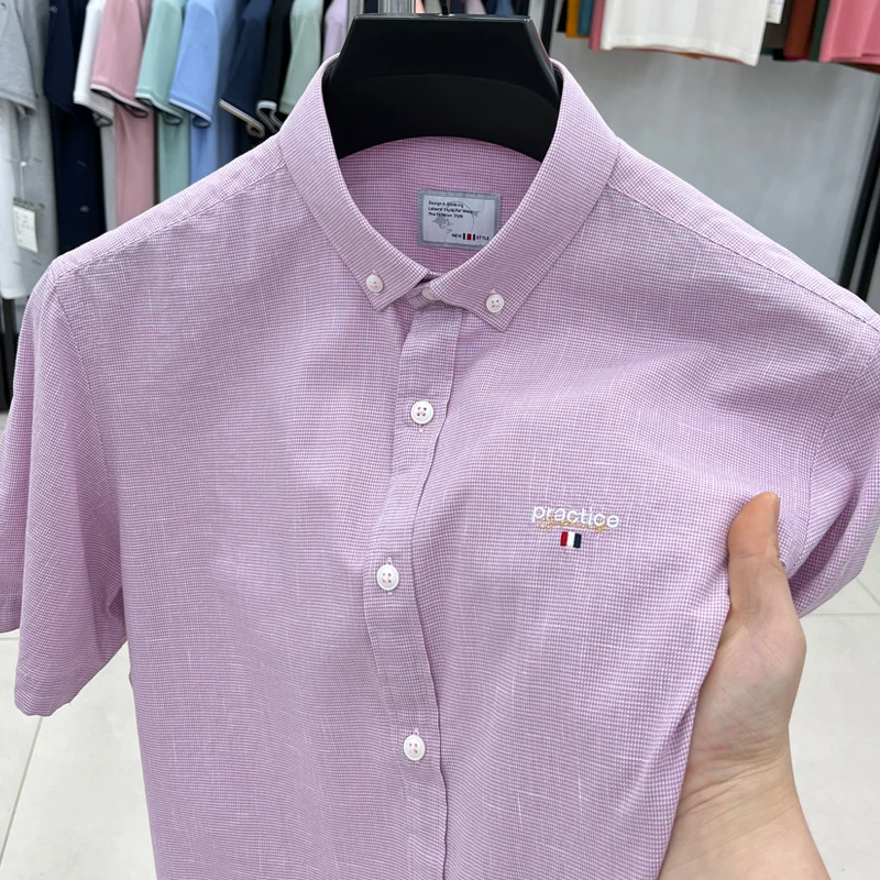 100%Cotton High Grade Men's Shirts Lapel Embroid Plaid European Trend Fashion Casual Versatile Shirt Summer New Trend Menswear