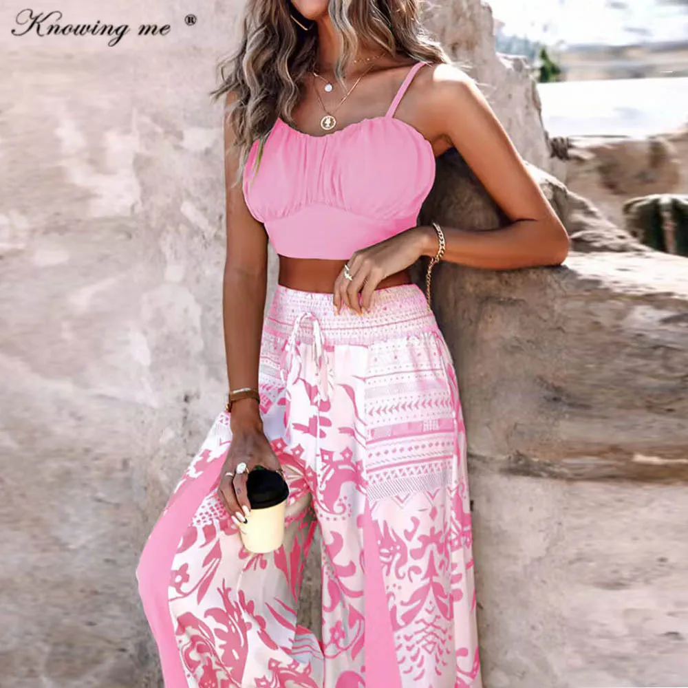 

Two Peice Set Women Elegant Tropical Print Shirred Crop Top High Waist Pants Set Lady Summer patchwork Vacation outfit set