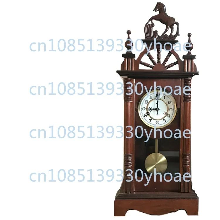 Pure copper movement horse head mechanical clock solid wood living room winding swing clock feng shui town house antique clock